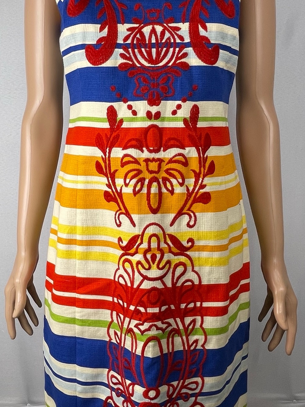 Tabitha Striped Midi Dress with Red Embroidery